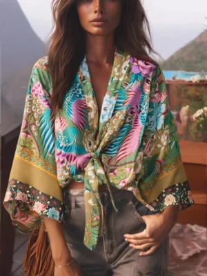 Boho Kimono with Vibrant Floral Print and Tie Detail