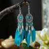 S2e6b36d8f6f34d75861d27d86fc64447H.webp Boho Feather Earrings with Vibrant Gemstone Accents