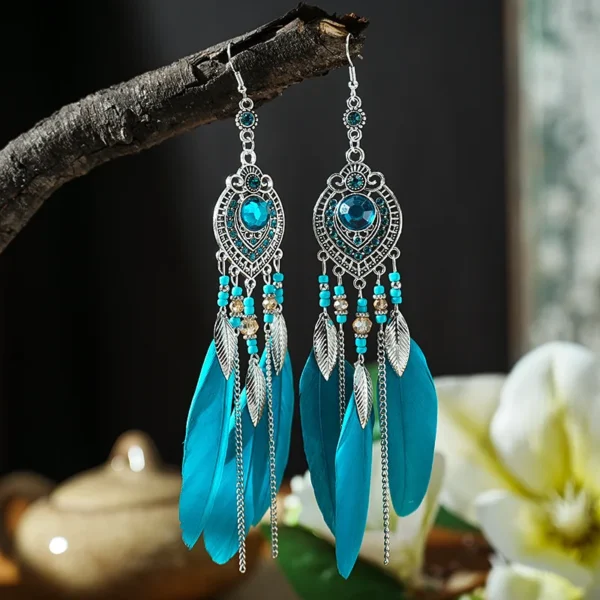 S2e6b36d8f6f34d75861d27d86fc64447H.webp Boho Feather Earrings with Vibrant Gemstone Accents