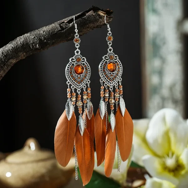 S97d23d383a1a4f409b4ad8726948c3a1Z.webp Boho Feather Earrings with Vibrant Gemstone Accents