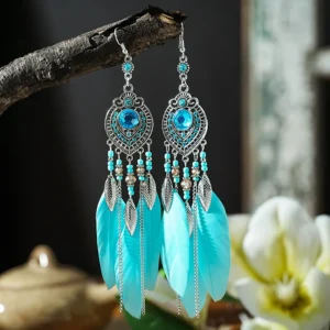 Boho Feather Earrings with Vibrant Gemstone Accents