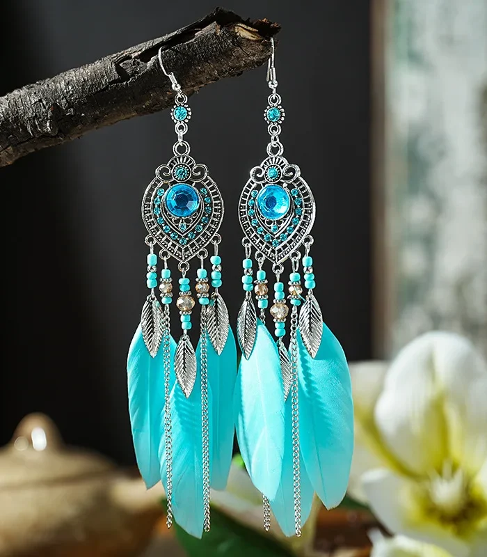 Boho Feather Earrings with Vibrant Gemstone Accents