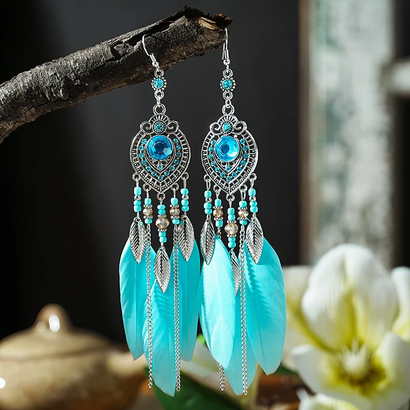 Boho Feather Earrings with Vibrant Gemstone Accents