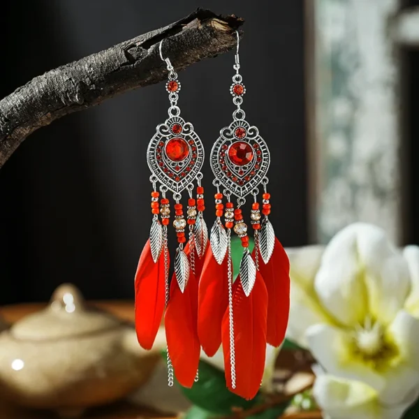 Sda115a96b8964571867140084b93ca44n.webp Boho Feather Earrings with Vibrant Gemstone Accents