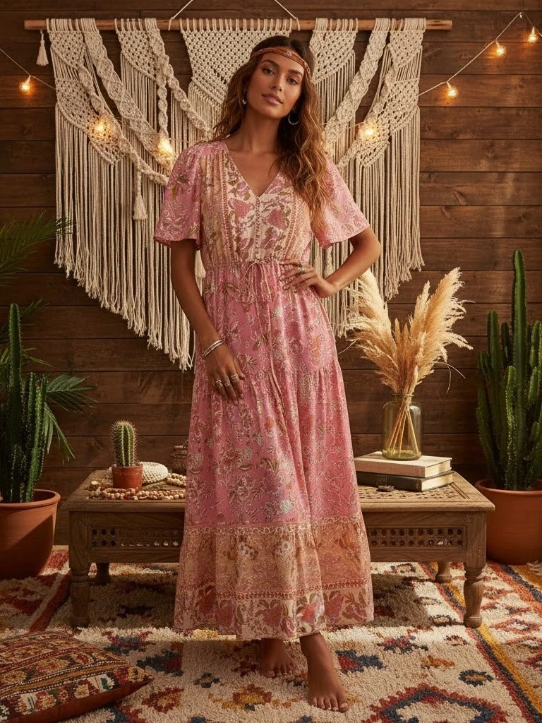 Boho Floral Maxi Dress in Soft Pink