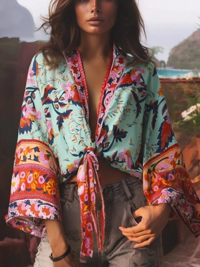 1 Adventure Awaits Batwing Boho Kimono with Ties and Vibrant Patterns
