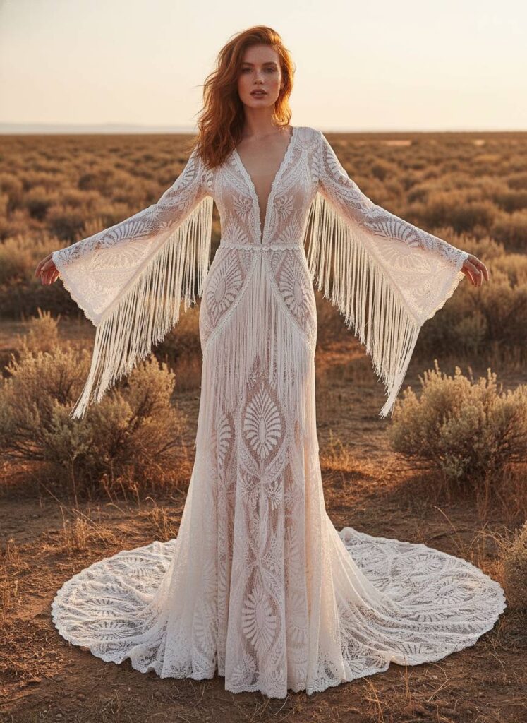 Desert Romance fringe lace wedding dress in a golden western landscape