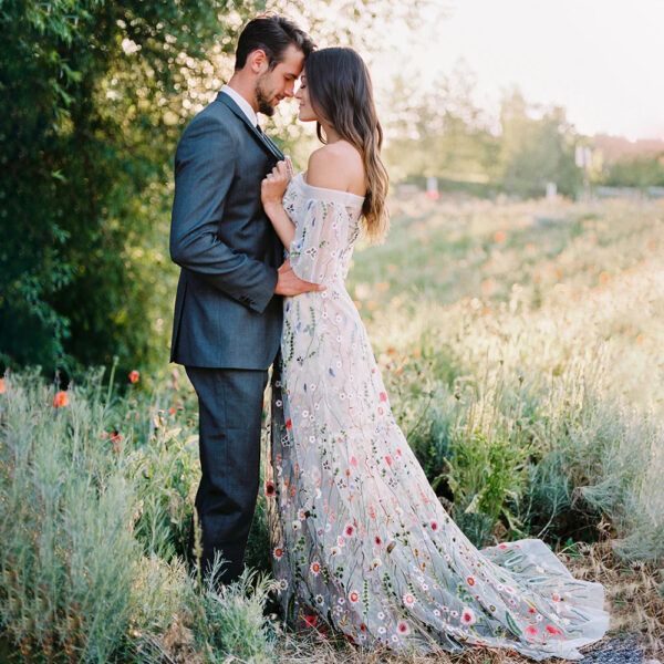 Meadow at Golden Hour: Floral Embroidered Off-Shoulder Wedding Dress