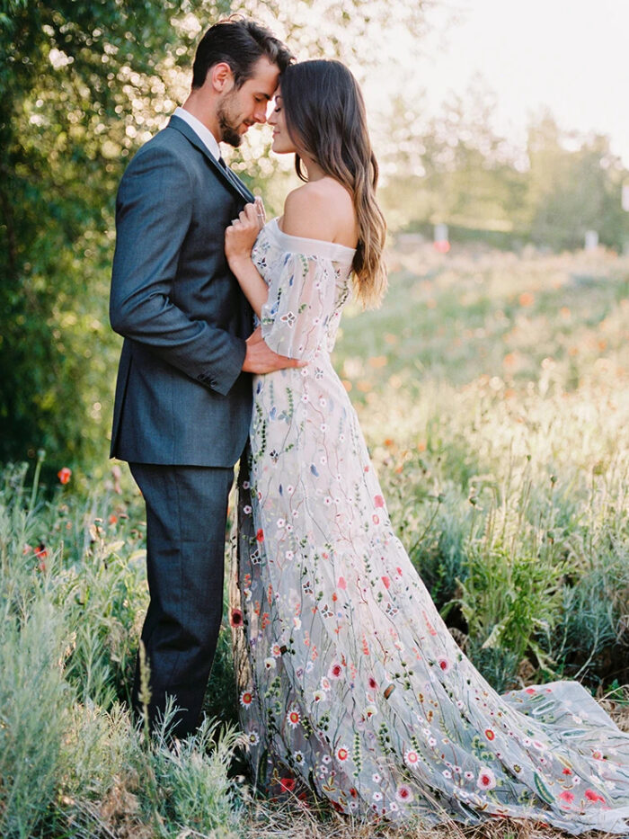 Meadow at Golden Hour: Floral Embroidered Off-Shoulder Wedding Dress