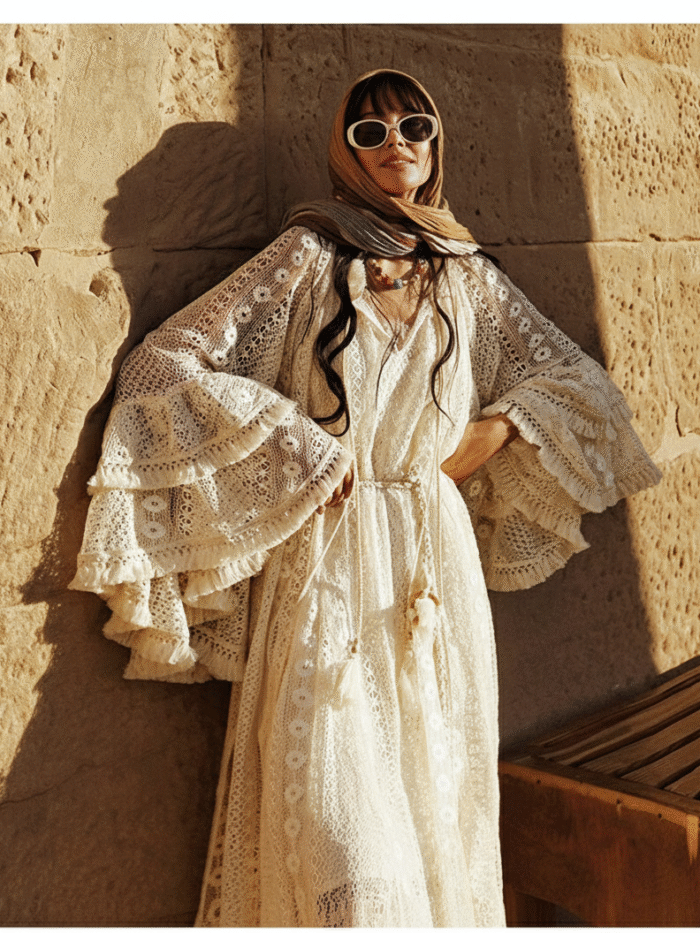 Desert Muse Whimsical Tiered Ruffle Bell Sleeve Lace Maxi Dress