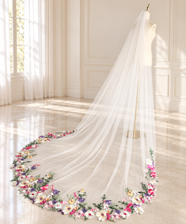 Embroidered Veil in Sunlit Bridal Studio The Bellflower Veil, a cathedral wedding veil with three-dimensional embroidered wildflowers along the hem