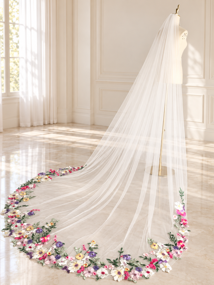 The Bellflower Veil, a cathedral wedding veil with three-dimensional embroidered wildflowers along the hem