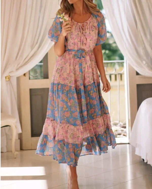 H0e451a185796401d829c99af327dcc4cL.webp Wanderlust Tie-Neck Floral Peasant Maxi Dress