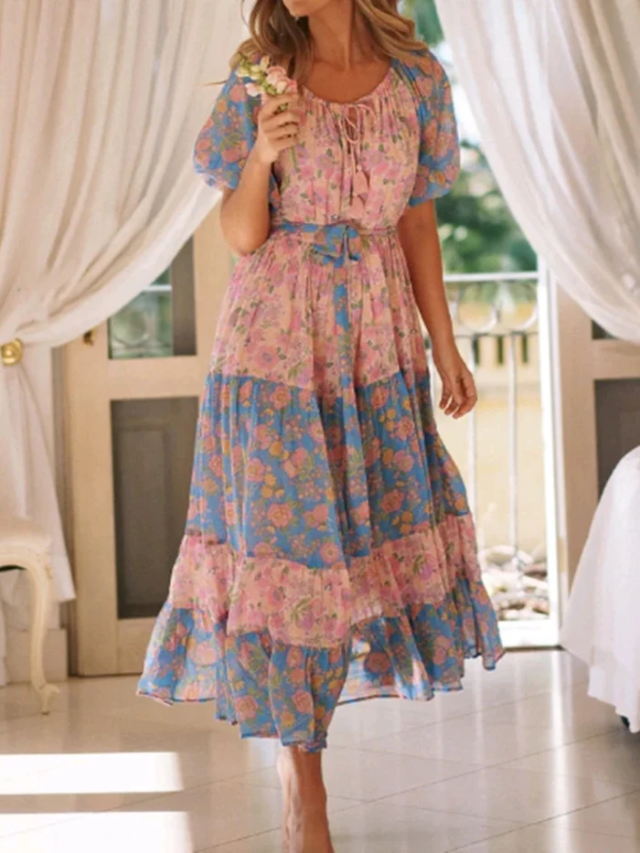 Wanderlust Tie-Neck Floral Peasant Maxi Dress