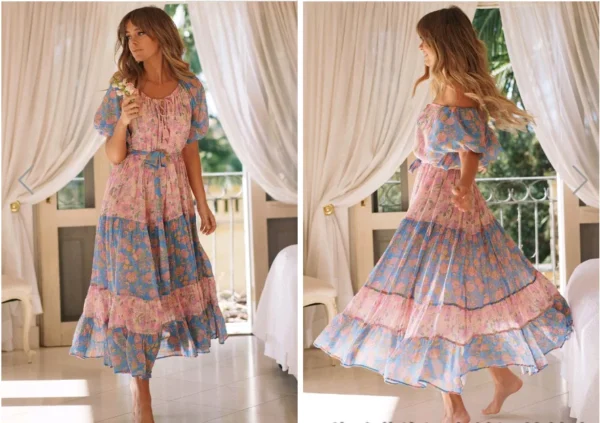 H0ed66813797d42f189bc757300ace9e40.webp Wanderlust Tie-Neck Floral Peasant Maxi Dress