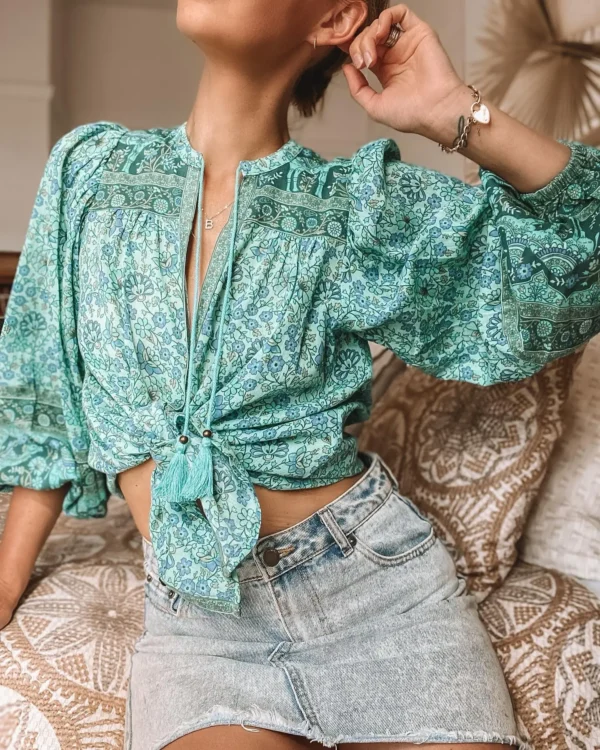 H1abb32426a5944149bd3cdb53018157dl.webp Rhapsody Button-Down Boho Floral Blouse with Tassel Ties