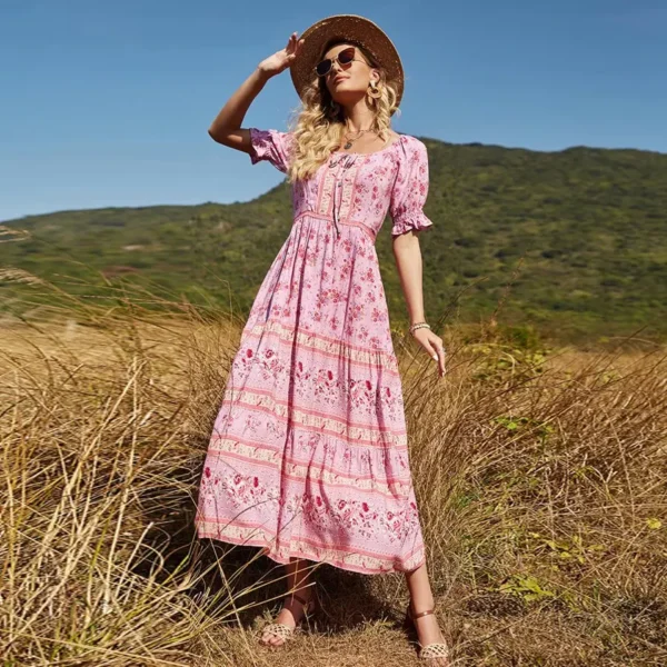 H50a27bc70a0f4dd0ab062522ec8088d6Y.webp Boho-Chic Ditsy Floral Tiered Maxi Dress with Ruffle Puff Sleeves