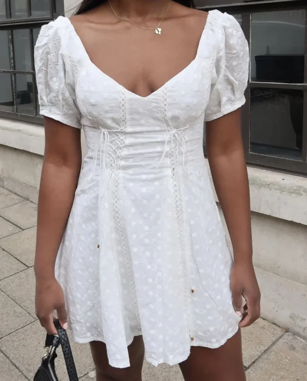 H5ce388bf122d4b0cbc134d148796dcb9P.webp Sunkissed Embroidered White Dress with Corset Lacing