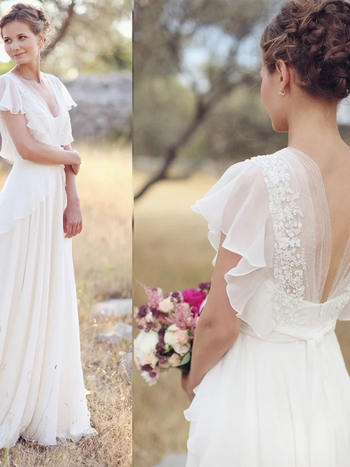 Deep V illusion back with beaded floral appliqué on a chiffon boho wedding dress