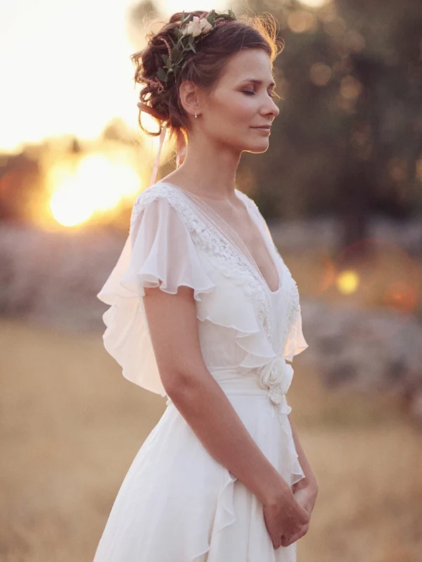 Hb63623b9a0eb42fdb97f227d181388c6y.webp The Olivette Gown — Beaded Chiffon Boho Wedding Dress with Flutter Sleeves Cream White – Spirit & Rebel