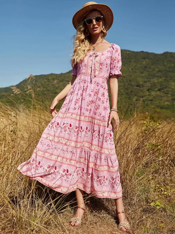 Boho-Chic Ditsy Floral Tiered Maxi Dress with Ruffle Puff Sleeves