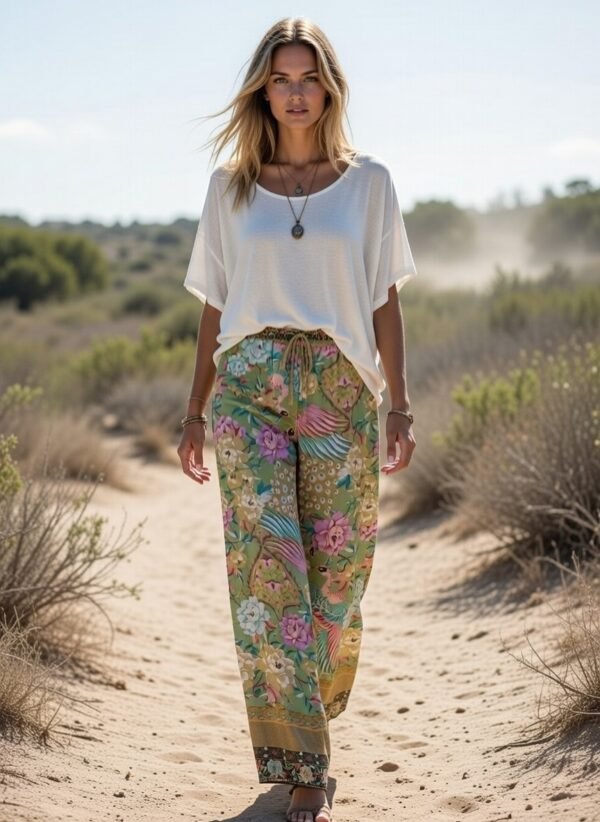 Peacock Floral Wide Leg Boho Pants Peacock Floral Wide Leg Boho Pants