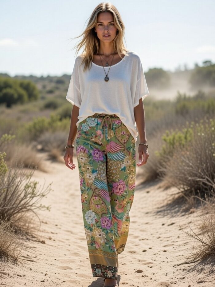 Peacock Floral Wide Leg Boho Pants Peacock Floral Wide Leg Boho Pants