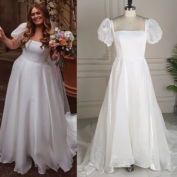 Bride in the Linnea Gown, a simple organza wedding dress with square neck and puff sleeves