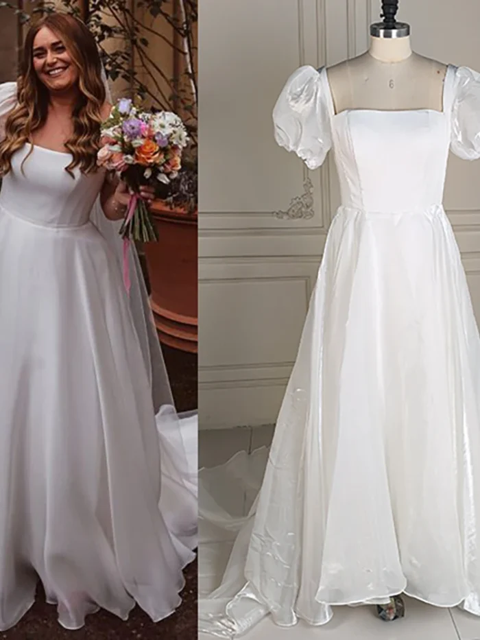 Bride in the Linnea Gown, a simple organza wedding dress with square neck and puff sleeves