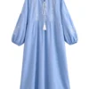 Boho Embroidered Maxi Dress with Tassel Ties and Lantern Sleeves