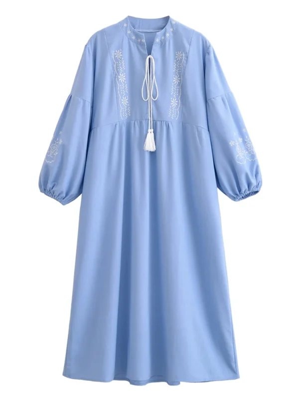 Boho Embroidered Maxi Dress with Tassel Ties and Lantern Sleeves
