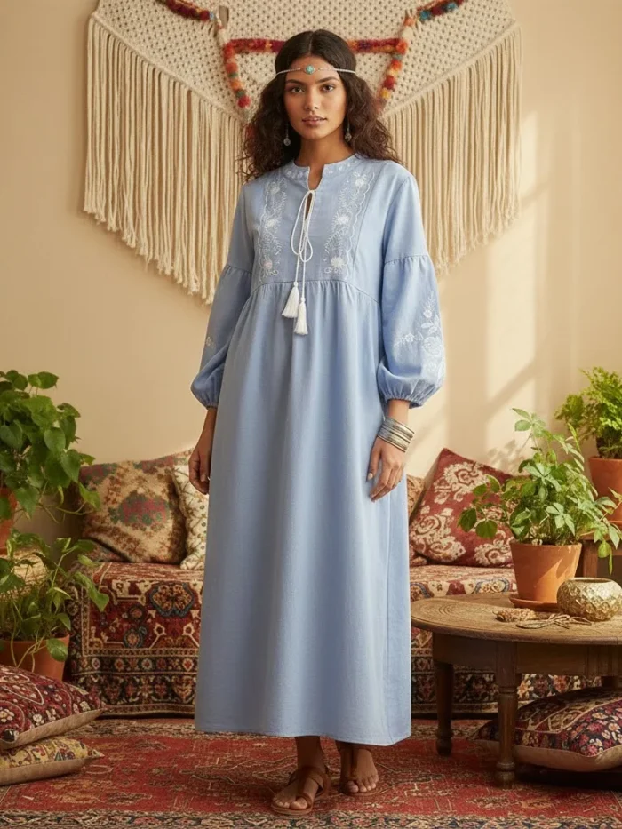 Folk-Inspired Embroidered Boho Maxi Dress | Tassel Tie & Puff Sleeves