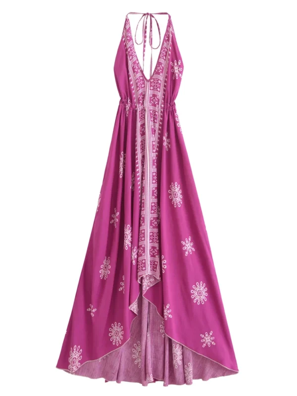 S0e6a43758e7245d3a2c323859e3f60feO.webp Desert Bloom: Floral Print Backless Halter Maxi with Tassel Hem