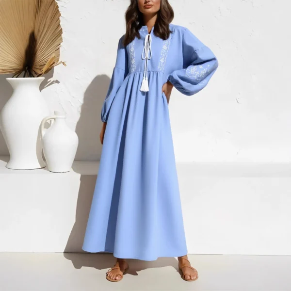 Boho Embroidered Maxi Dress with Tassel Ties and Lantern Sleeves