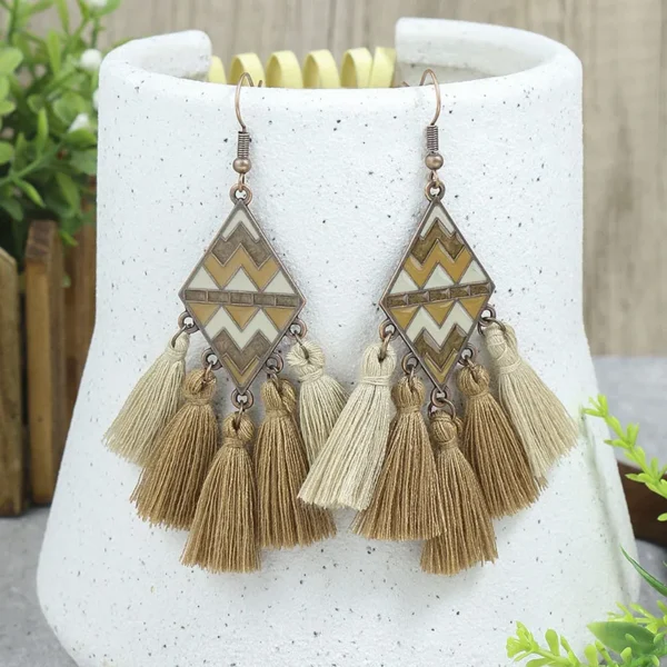 S13bc19c403694f7385f6afbd43e74c7cz.webp Odyssey Dangle Boho Tassel Earrings with Geometric Metal Accents