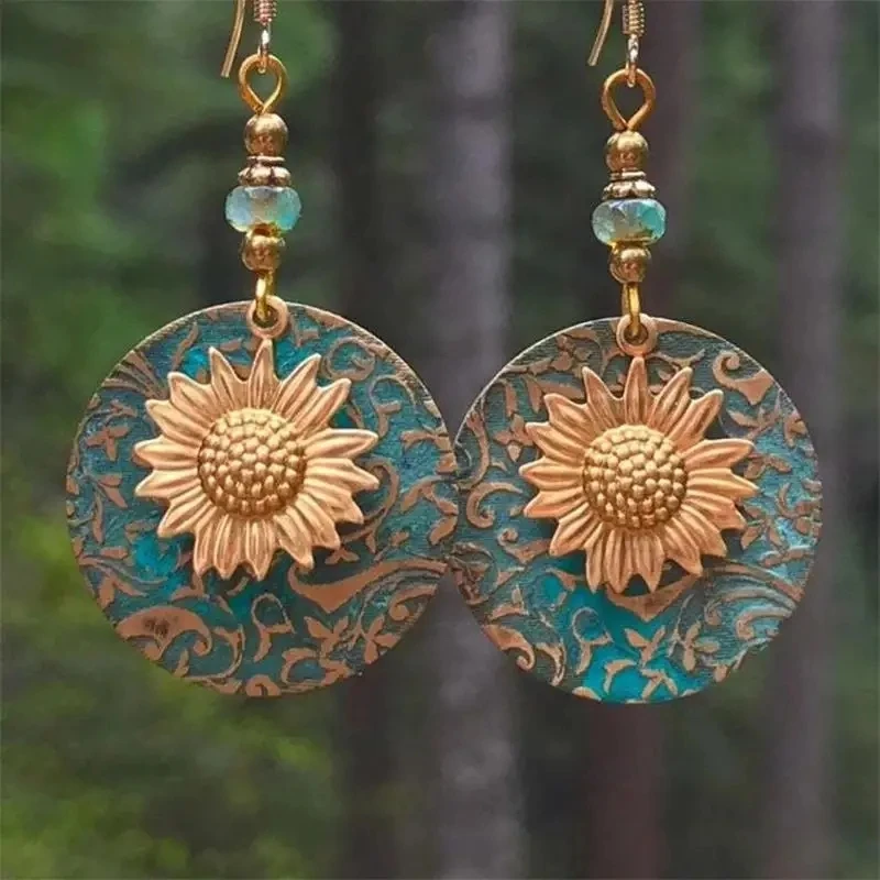 Sunlit Garden Boho Earrings with Floral Accents and Textured Discs