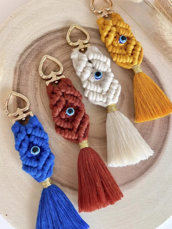 Boho Evil Eye Crochet Keychain Bag Charm with Tassel Detail