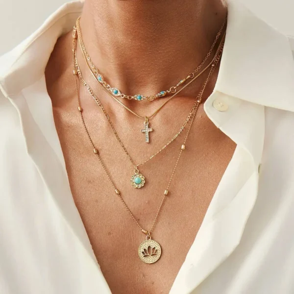 S18d3aee6357345f59e5c17036329e8f6l.webp Elements Lost and Found Gold Layered Necklace with Turquoise Details