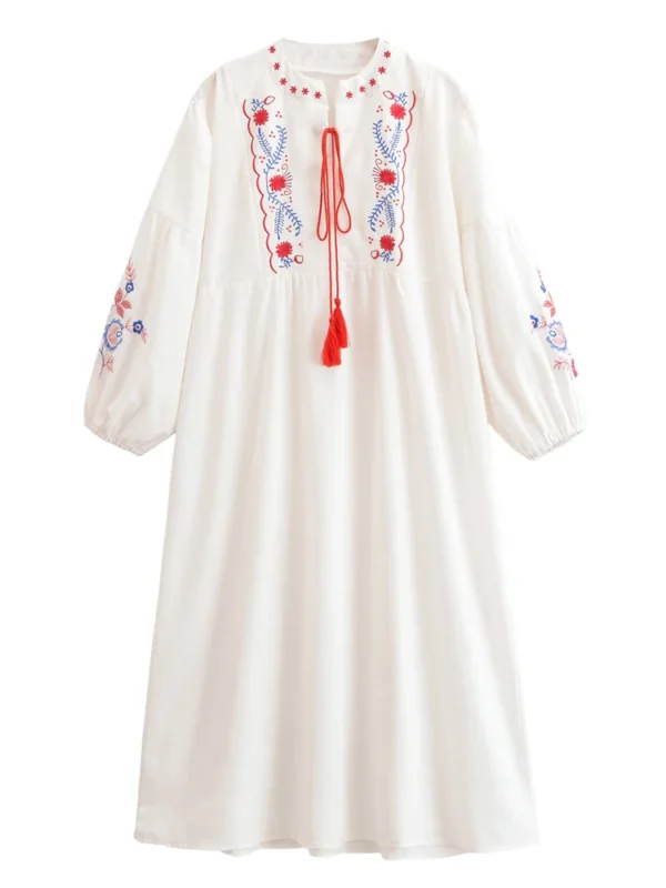 S192300d795a44a73aafc612d788aaaab0.webp Folk-Inspired Embroidered Boho Maxi Dress | Tassel Tie & Puff Sleeves