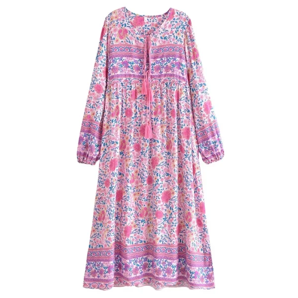 S1d126beb5c4e4fa390a66f0d53f8e7d41.webp Wilderness Boho Floral Bohemian Dress with Tassels and Tie-Front