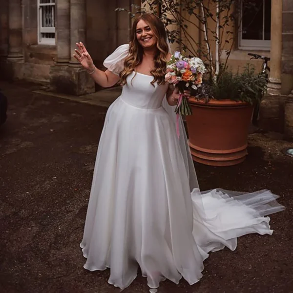The Linnea Gown — Simple Organza Wedding Dress with Puff Sleeves – Spirit & Rebel