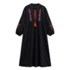 Boho Embroidered Maxi Dress with Tassel Ties and Lantern Sleeves
