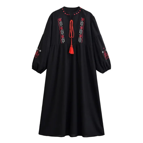 Boho Embroidered Maxi Dress with Tassel Ties and Lantern Sleeves