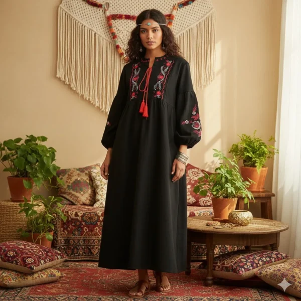S22621fc702b042ffb611ad78352f92e3p.webp Folk-Inspired Embroidered Boho Maxi Dress | Tassel Tie & Puff Sleeves