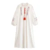 Boho Embroidered Maxi Dress with Tassel Ties and Lantern Sleeves