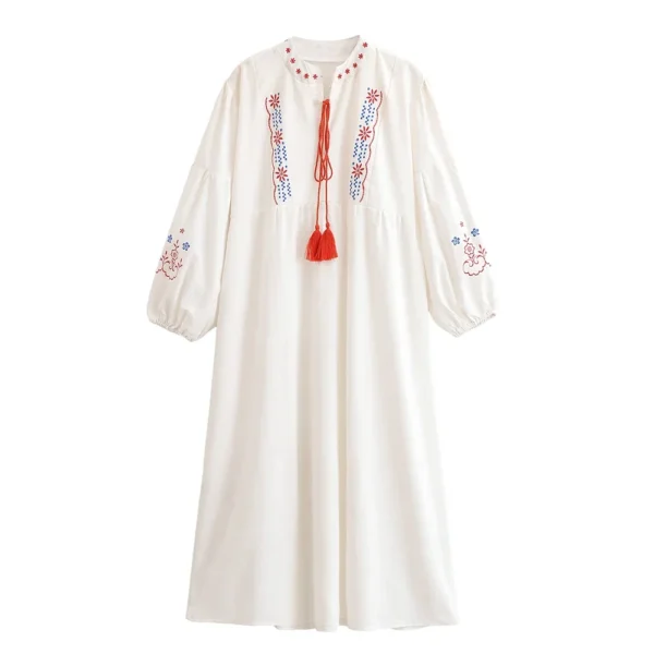 Boho Embroidered Maxi Dress with Tassel Ties and Lantern Sleeves