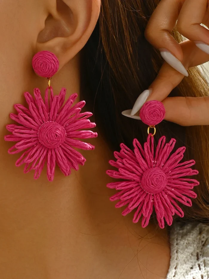 Handmade Woven Rattan Daisy Drop Earrings
