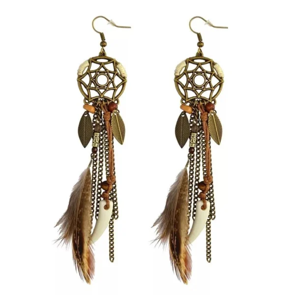 Spirit Tribal Vintage Dream Catcher Feather Earrings with Bohemian Accents