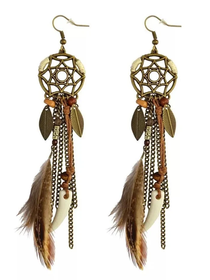 Spirit Tribal Vintage Dream Catcher Feather Earrings with Bohemian Accents