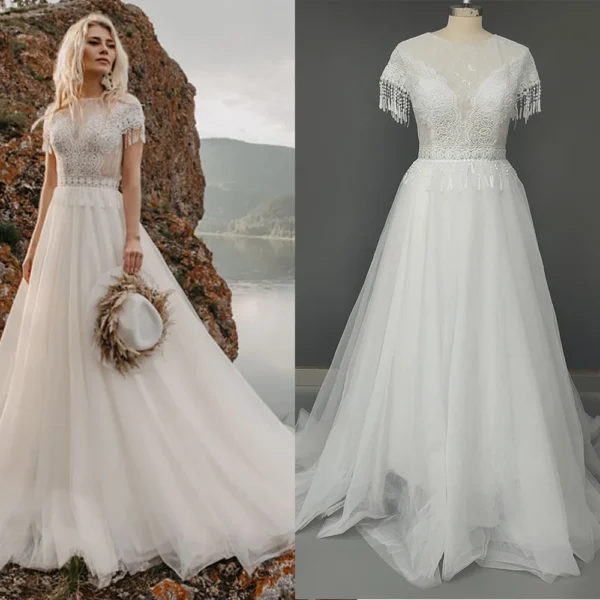 Boat neckline and beaded tassel fringe sleeves on a boho tulle wedding dress